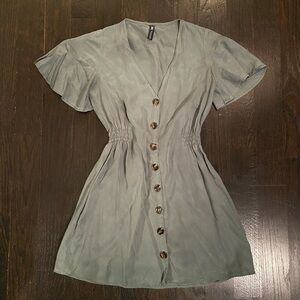 Zara Soft Green Button Up Flutter Sleeve Mini Dress
